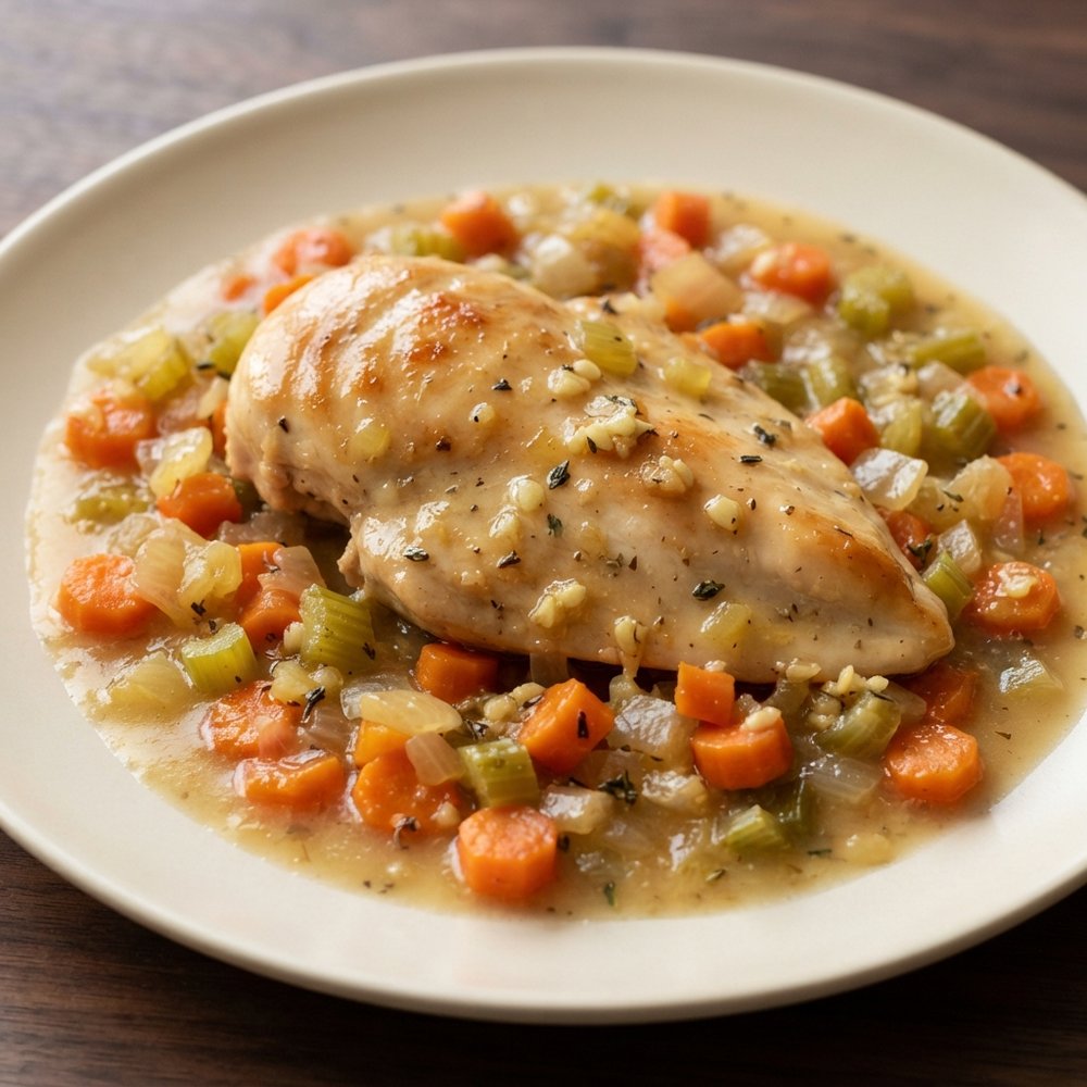 White Wine-Braised Chicken Breasts with Mirepoix Ragout