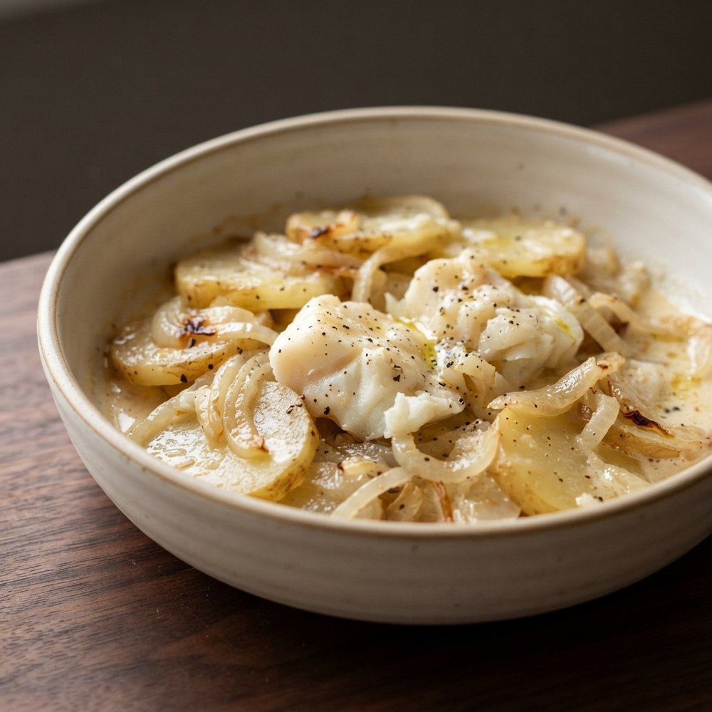 Oven-Baked Cod with Potatoes and Onion Layers