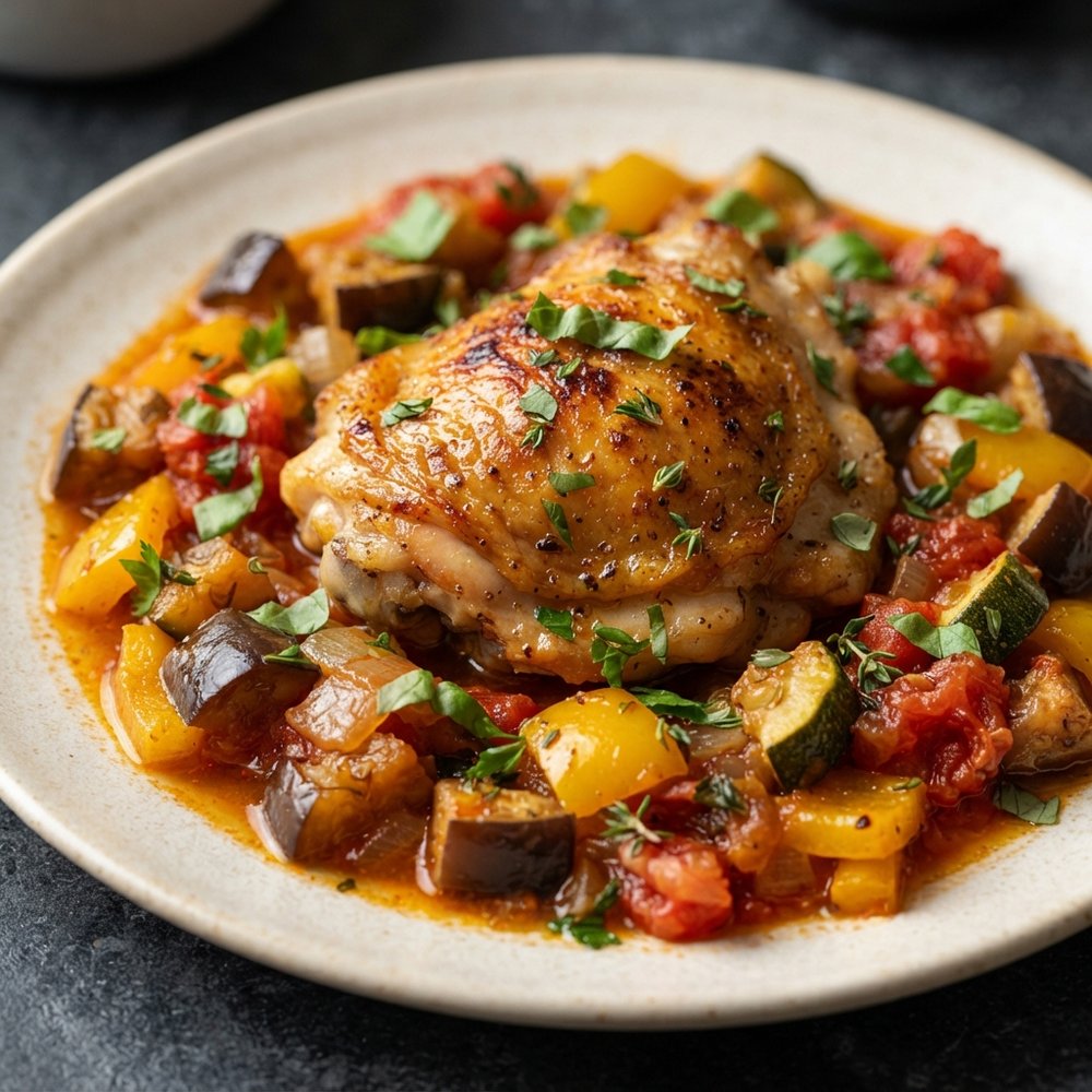 Oven-Roasted Chicken Thighs with Ratatouille Vegetables