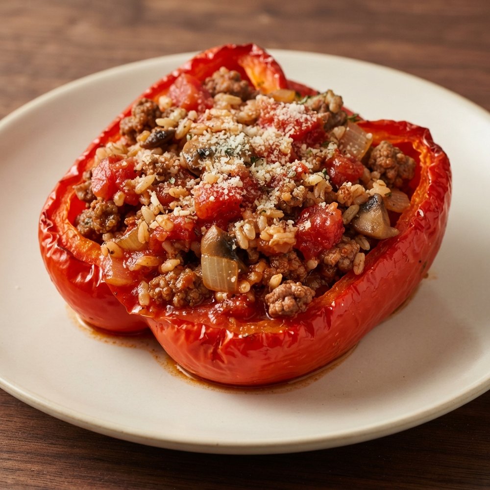 Beef and Rice–Filled Red Bell Peppers