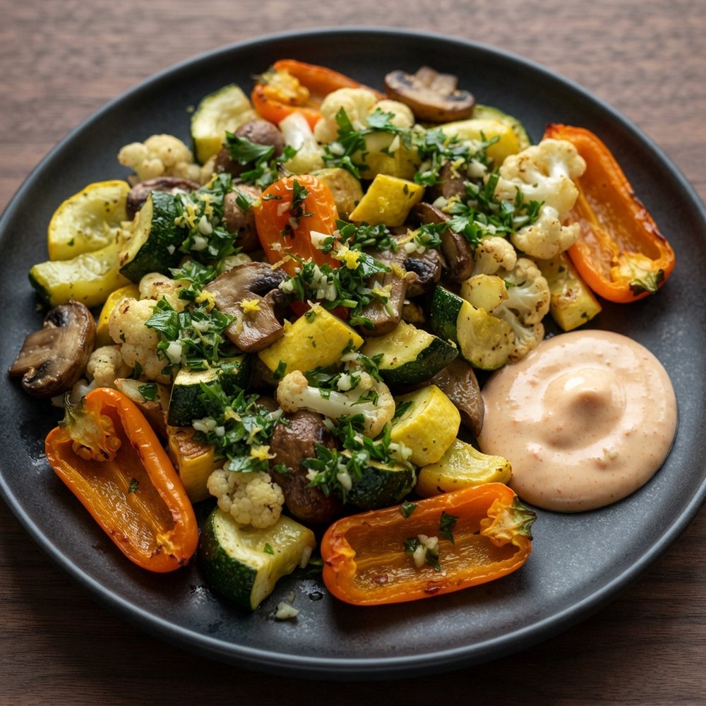Air-Fried Veggies with Gremolata and Red Pepper Aioli