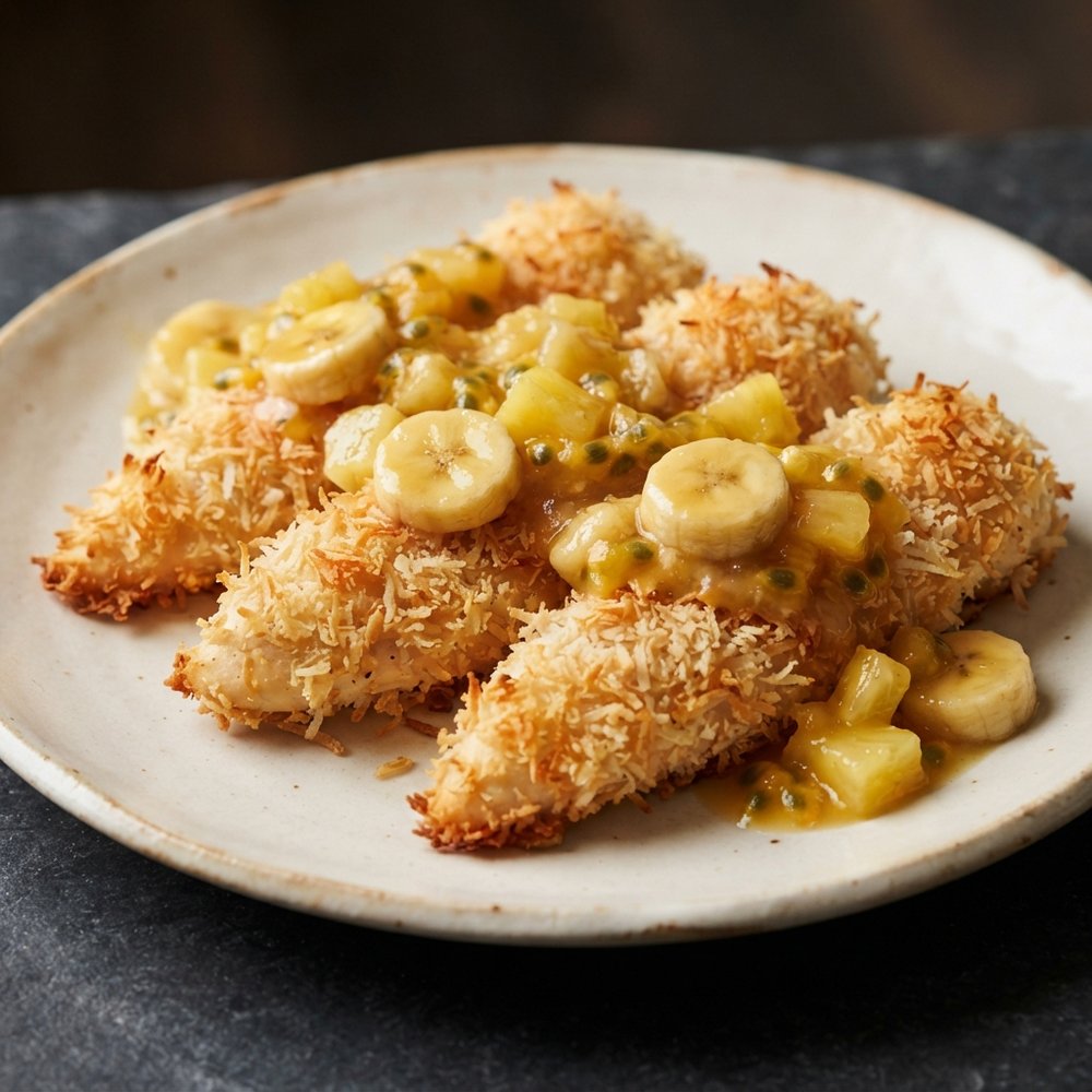 Oven-Crisped Coconut Chicken Fingers with Passion Fruit Dip