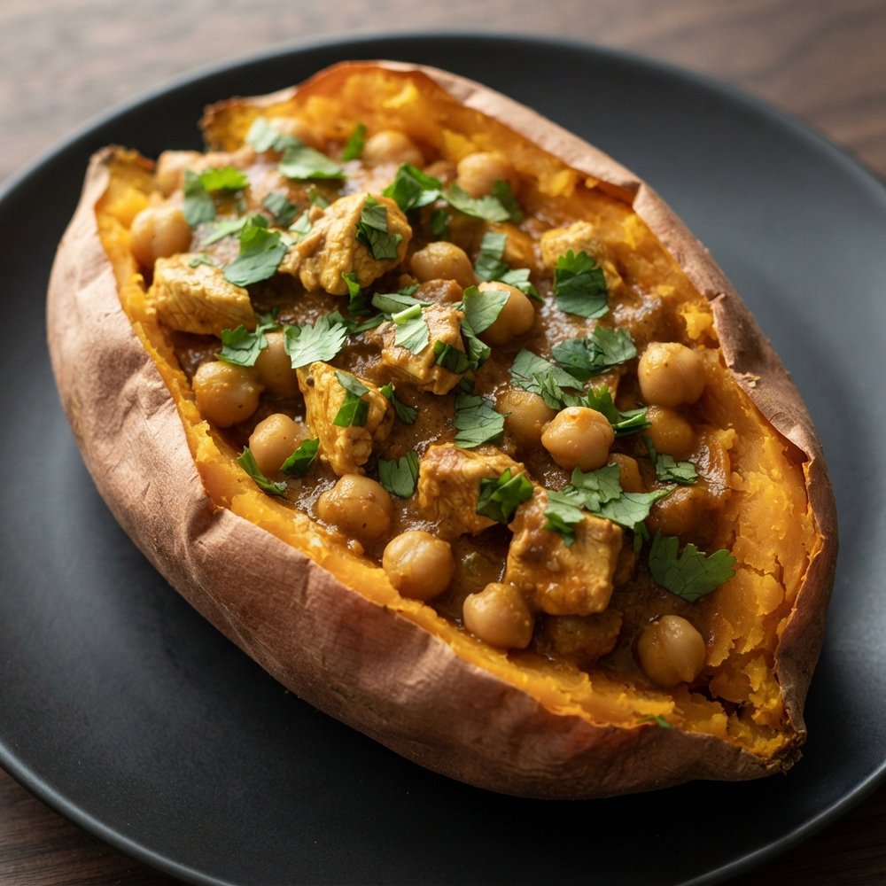 Curried Chicken & Chickpeas in Sweet Potato Boats