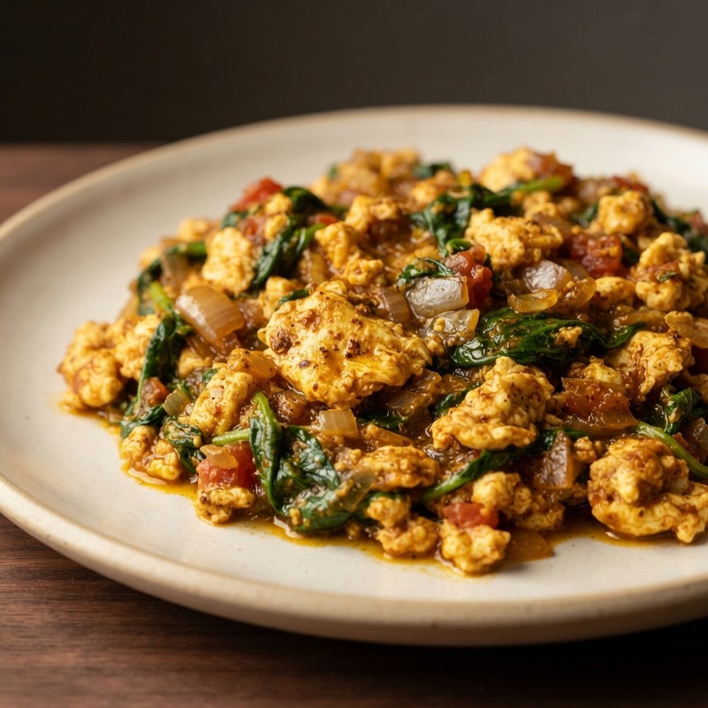 Masala-Style Scrambled Eggs with Tomato and Spinach