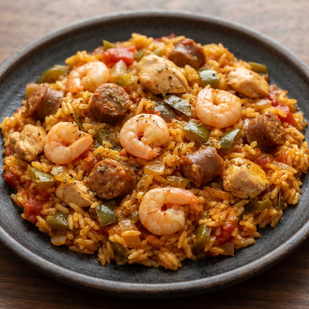 Hearty Mixed-Meat Paella with Shrimp and Rice