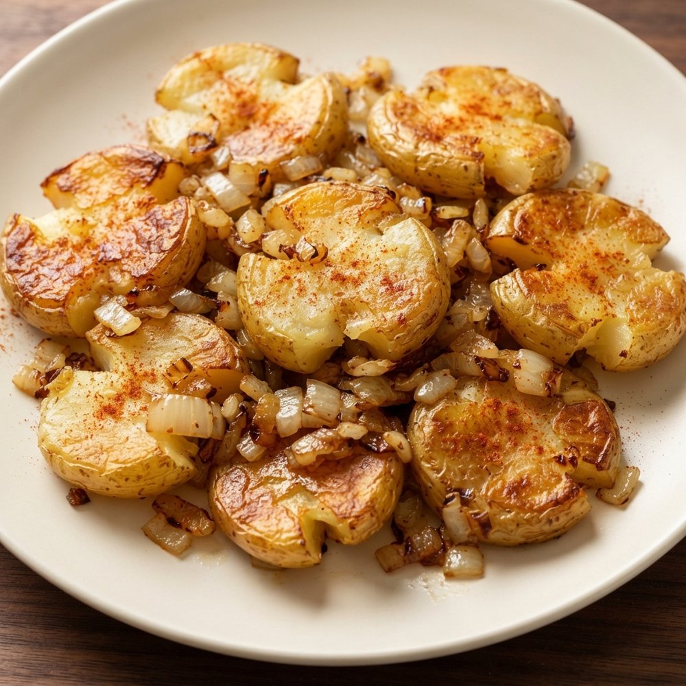 Griddled Smashed New Potatoes with Onions