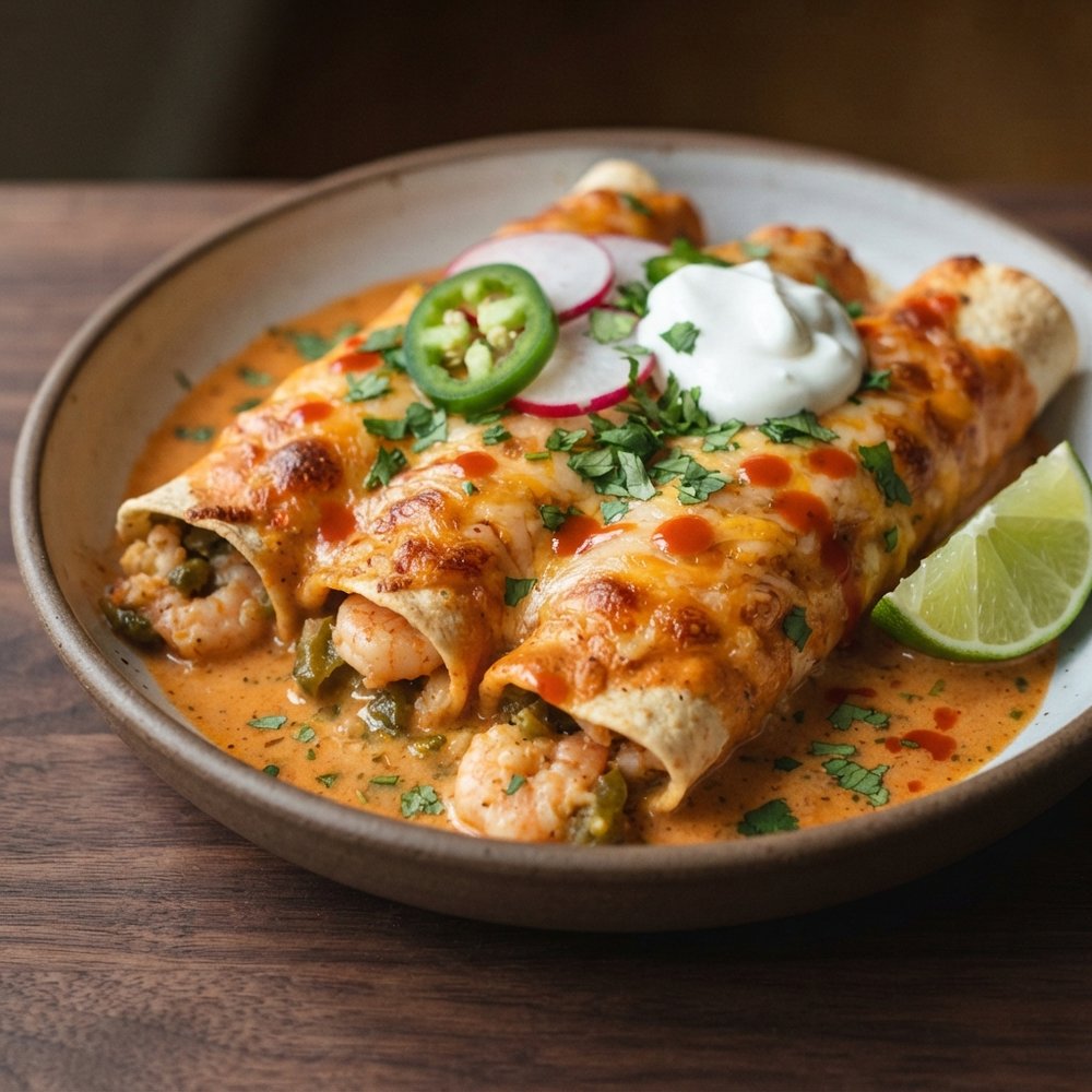 Weeknight Shrimp Enchiladas with Creamy Lobster Bisque Sauce