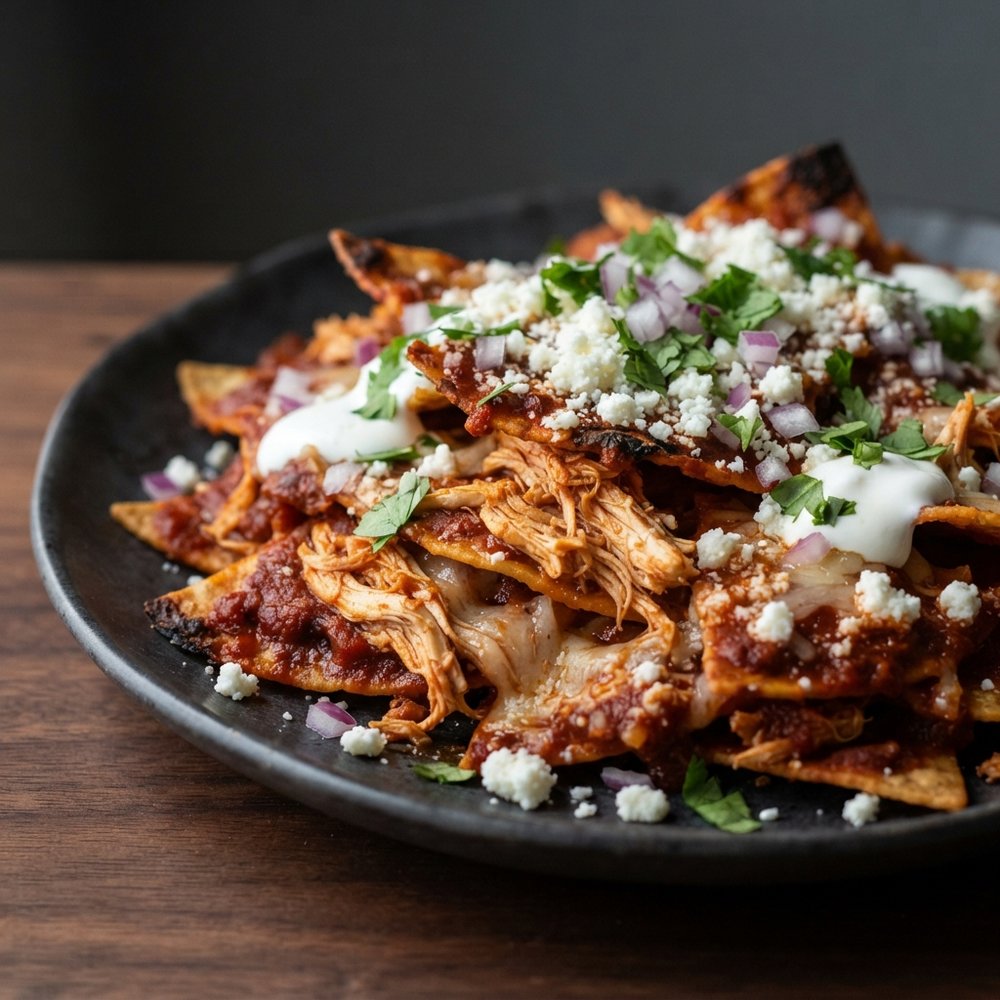 Chilaquiles Rojos with Chicken and Cheese