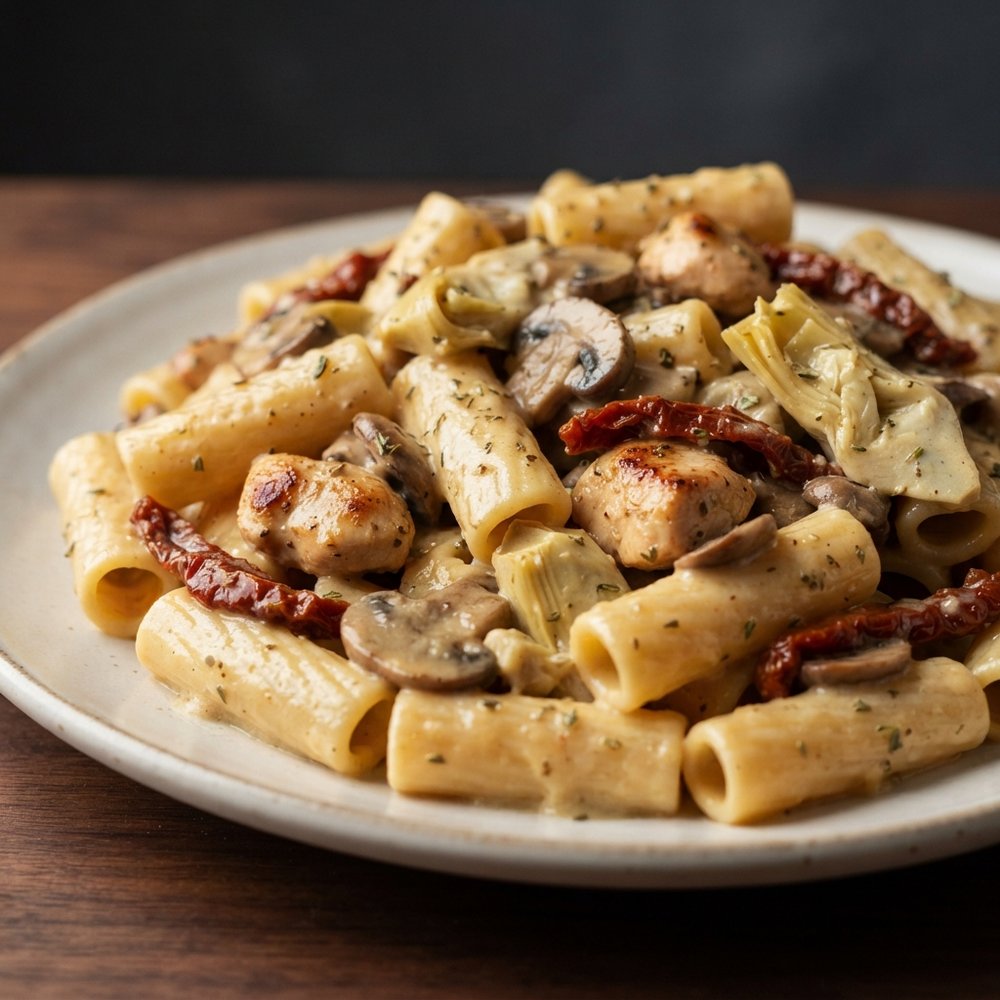 Creamy Garlic Chicken Rigatoni with Artichokes