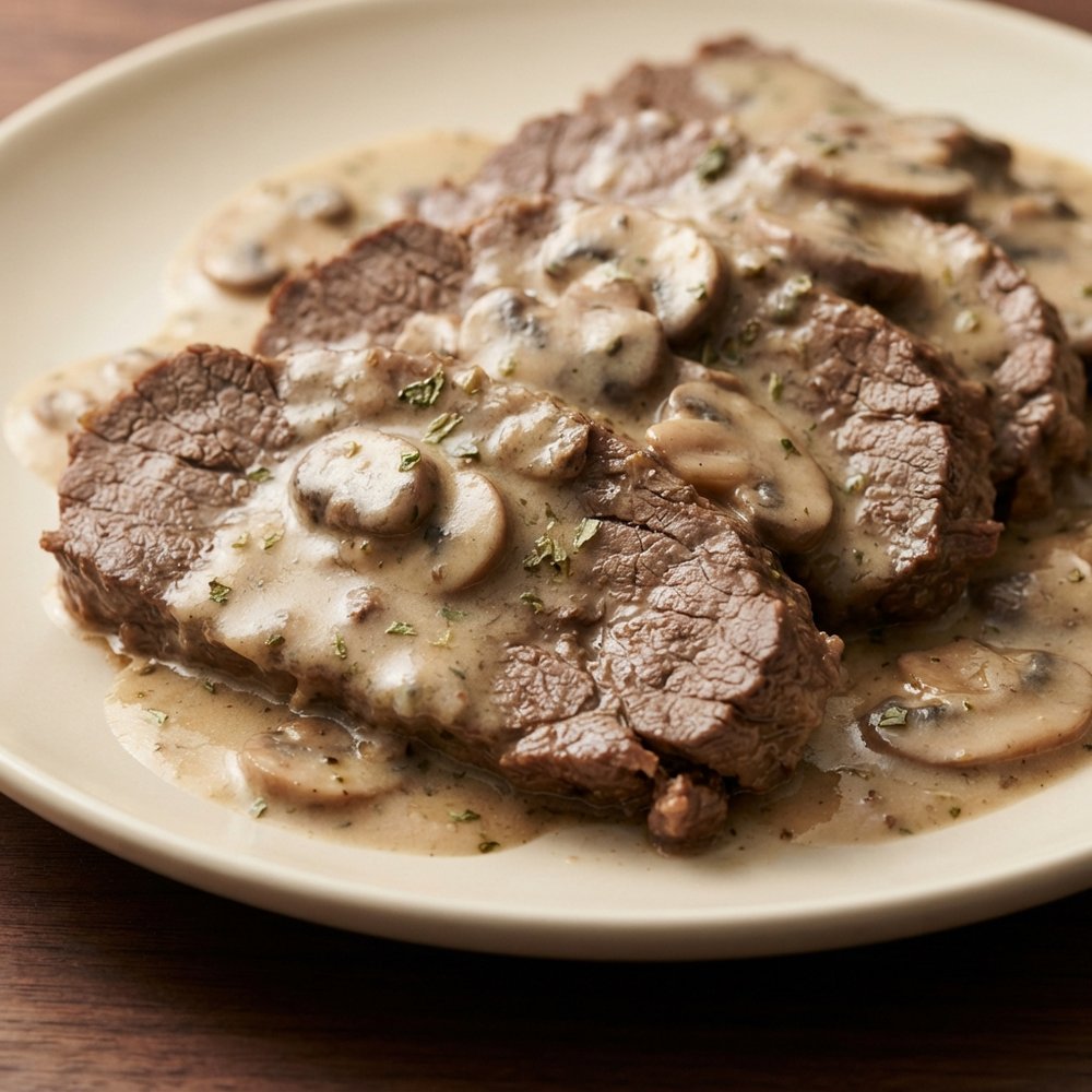 Slow Cooker London Broil with Creamy Mushroom Sauce