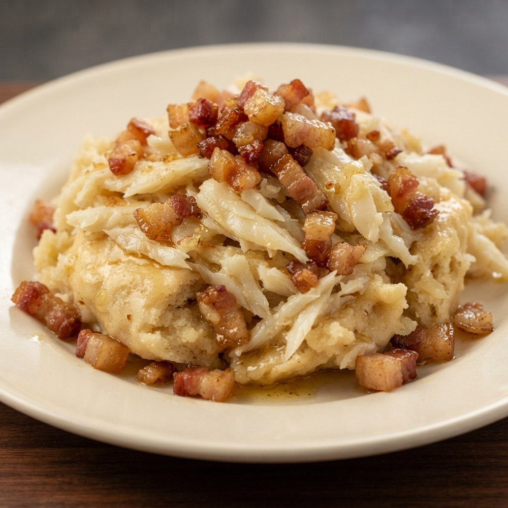 Newfoundland Fish and Brewis with Crispy Scruncheons