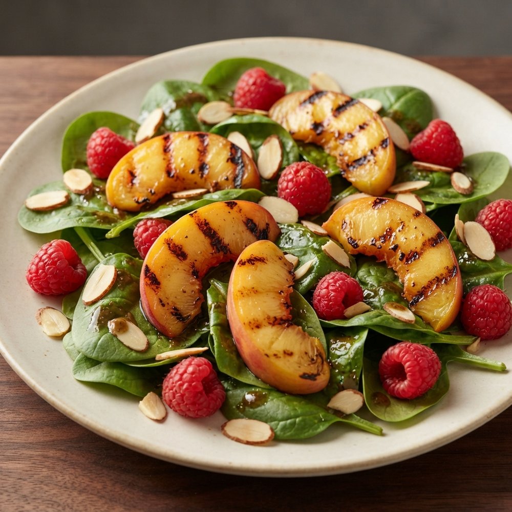 Spinach Salad with Grilled Peaches and Raspberries