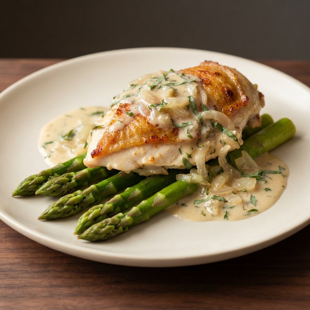 Tarragon-Ginger Chicken with Cream over Asparagus