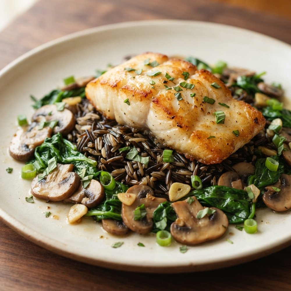 Skillet Mahi Mahi with Mushrooms over Wild Rice