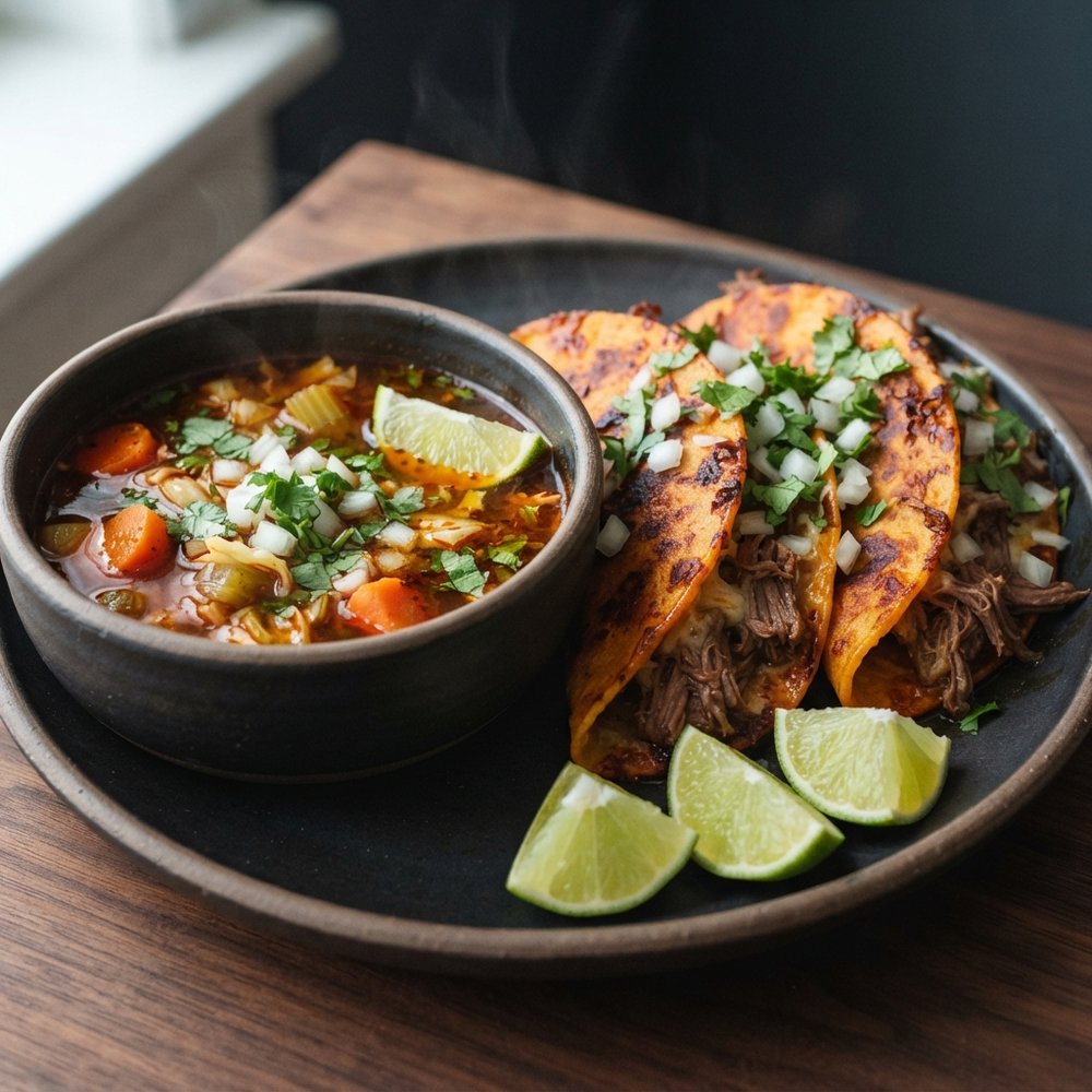 Birria Beef Queso Tacos with Dipping Consommé