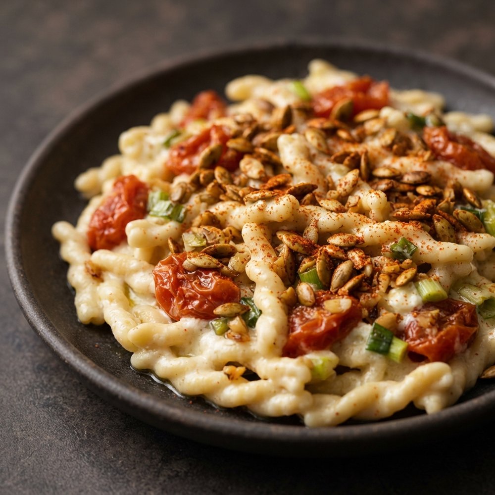 Gemelli with Spiced Pumpkin Seeds and Goat Cheese