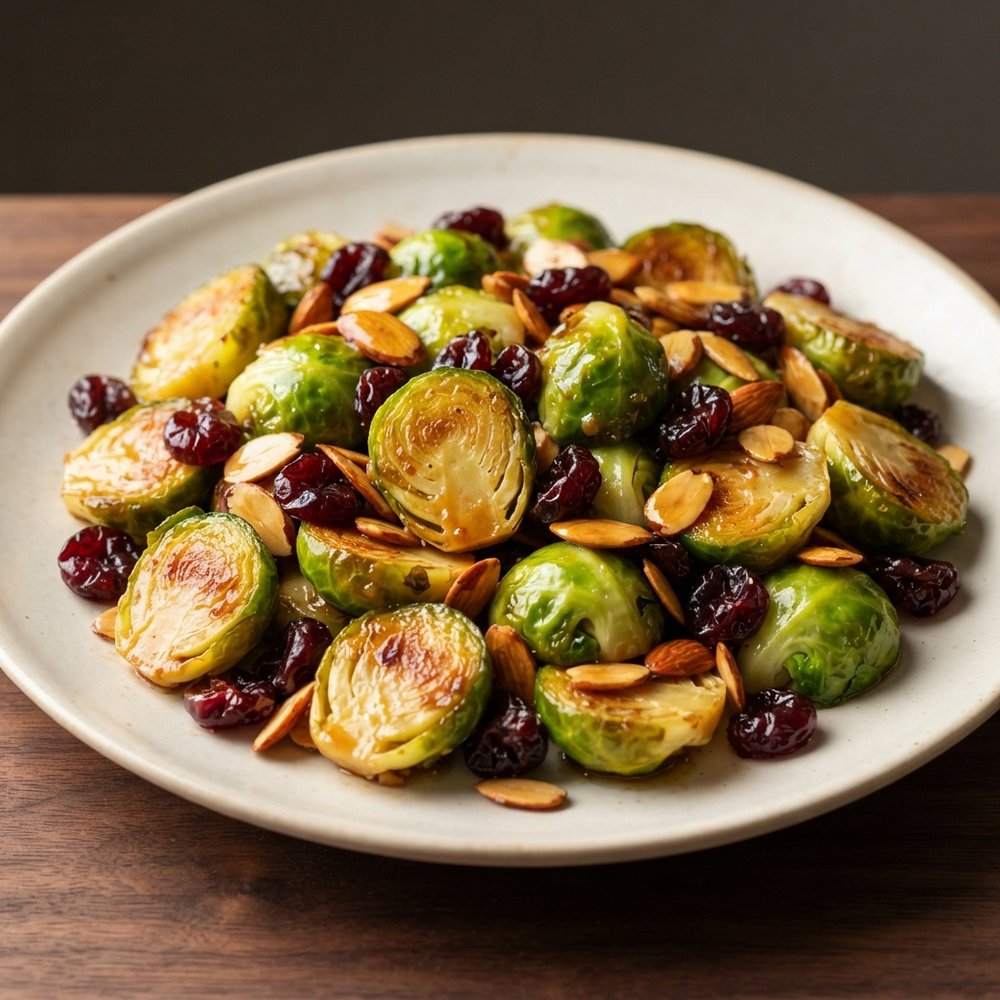 Honey Dijon Pan-Seared Brussels Sprouts with Almonds and Dried Cherries