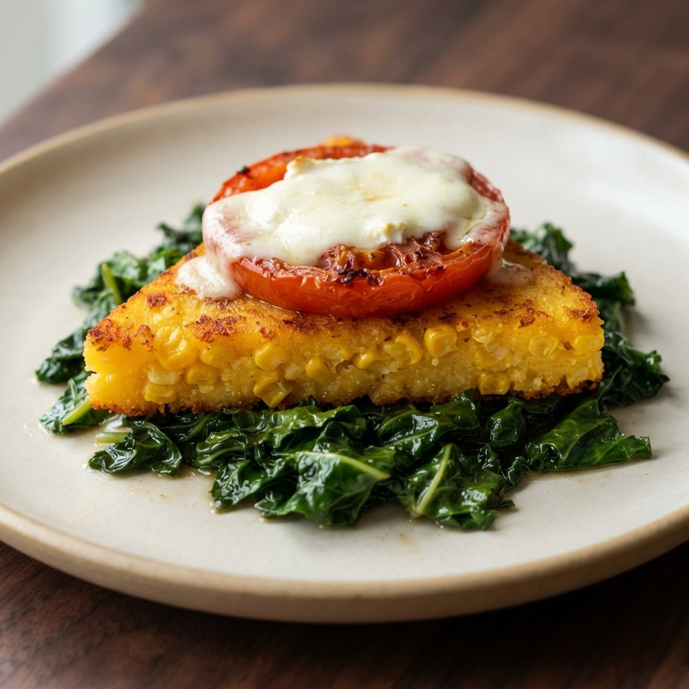Pan-fried Polenta with Corn, Kale and Goat Cheese