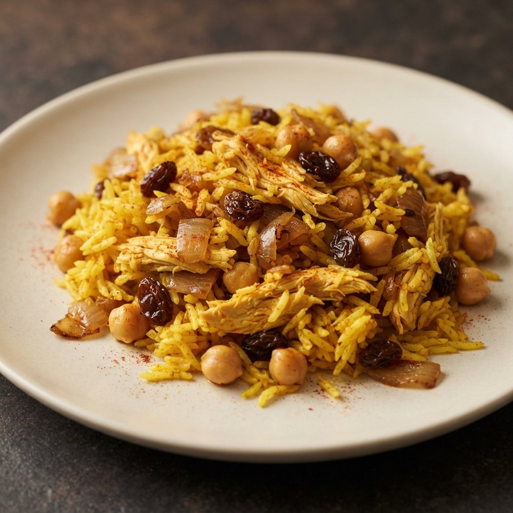 Saffron Chicken Polo with Chickpeas and Raisins