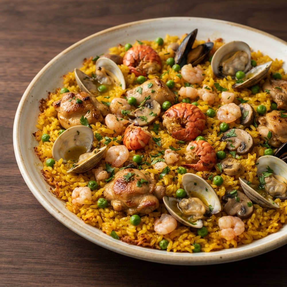 Classic Spanish Paella with Chicken and Seafood