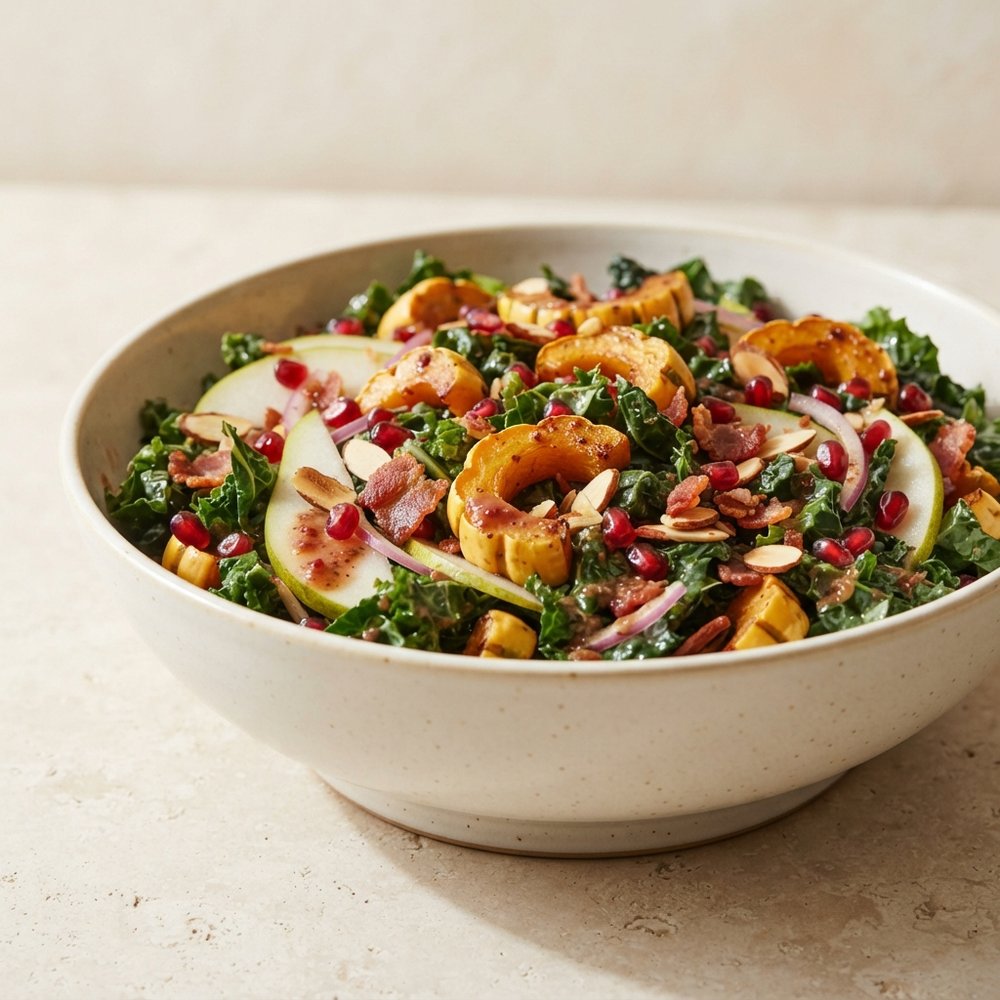 Kale Salad with Roasted Delicata Squash and Pomegranate Dressing