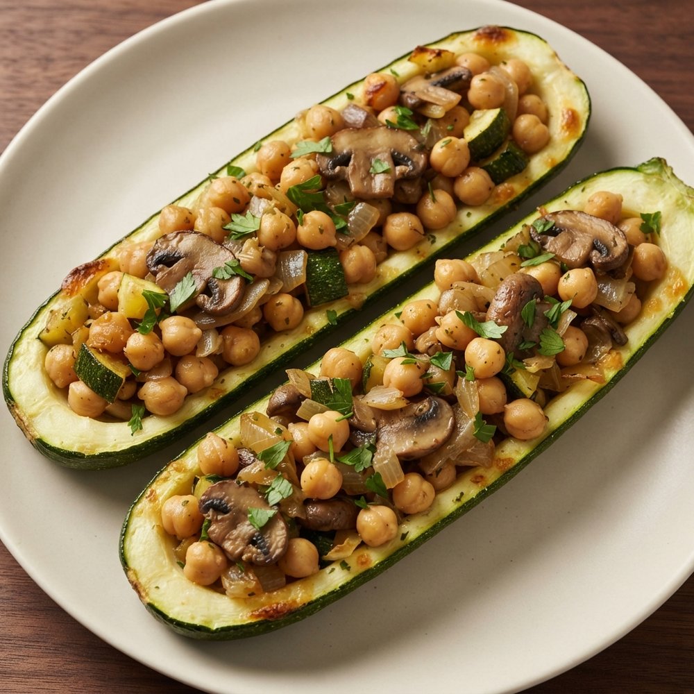 Chickpea-Loaded Mushroom-Stuffed Zucchini