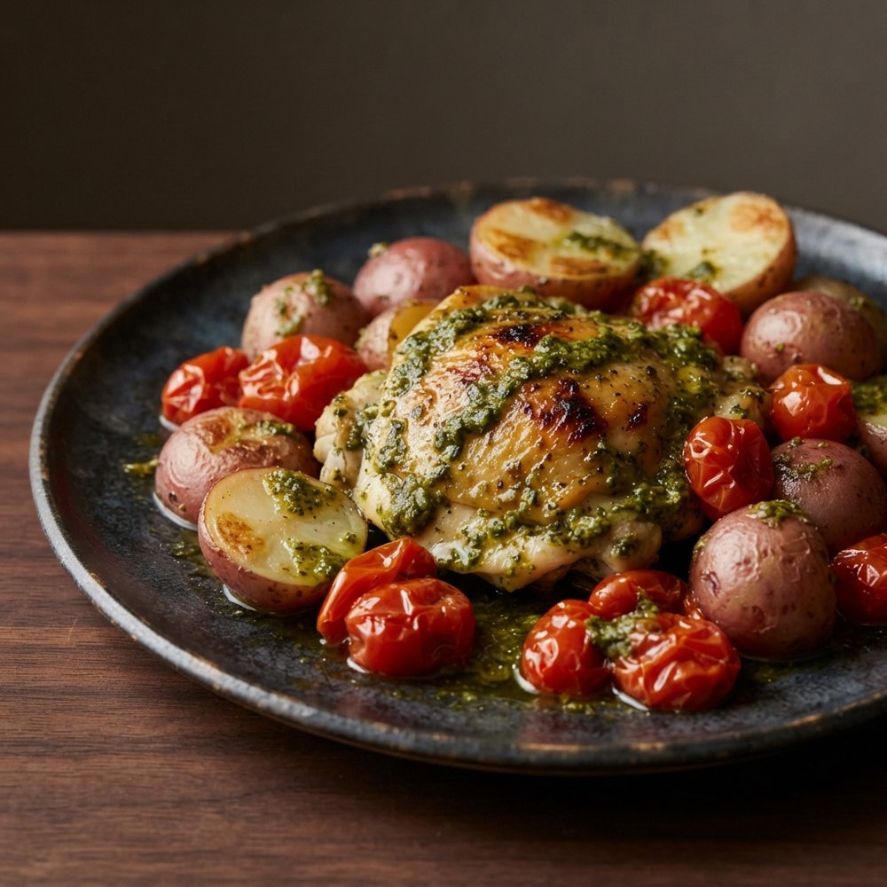 Baked Pesto Chicken with Tomatoes and Potatoes