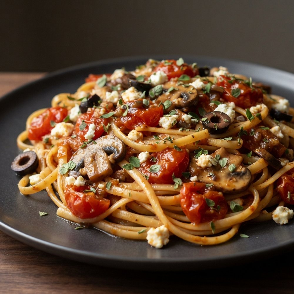 Mediterranean-Style Linguine with Tomatoes, Mushrooms, and Feta