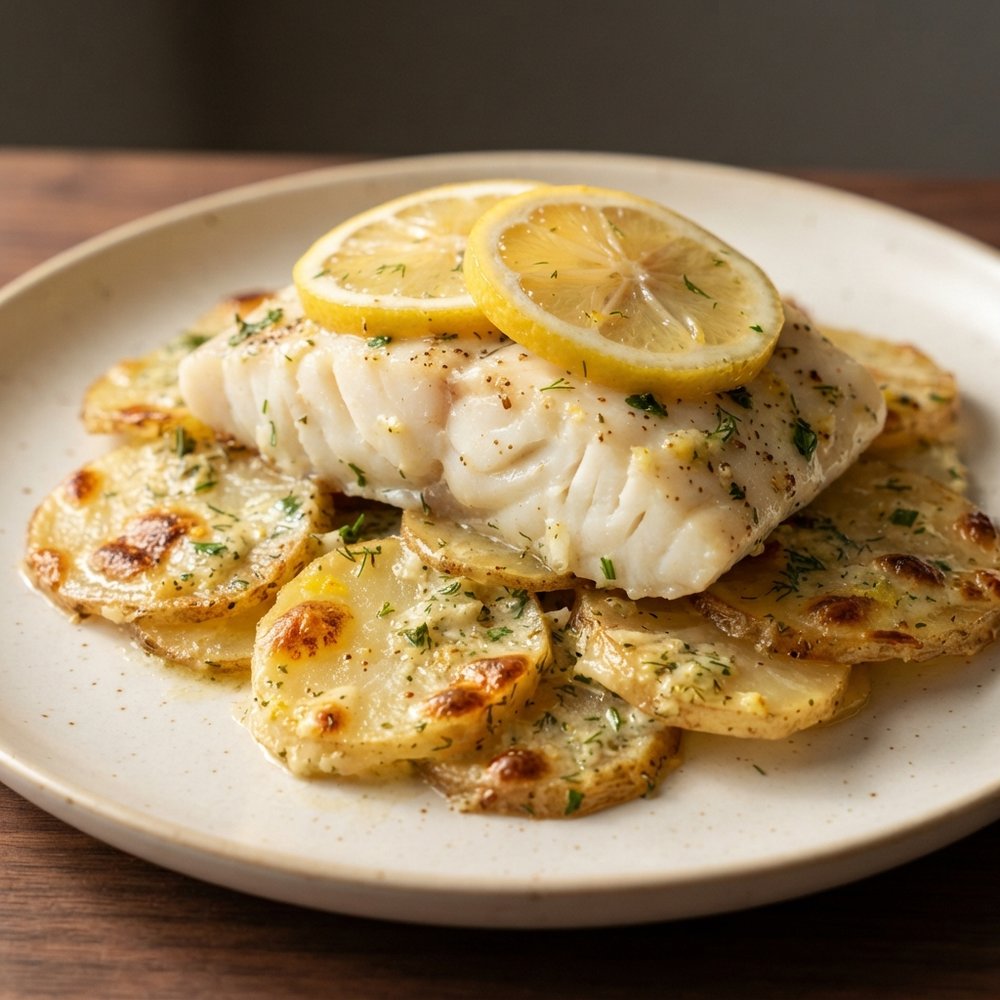 Baked Halibut with Lemon and Herbs over Potatoes