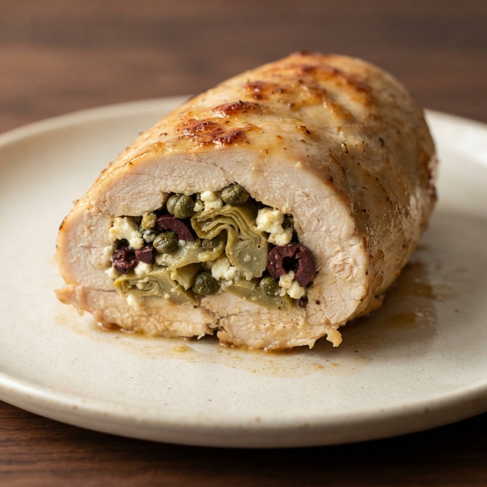 Stuffed Chicken Breasts with Artichoke Hearts, Feta Cheese, Capers, and Black Olives