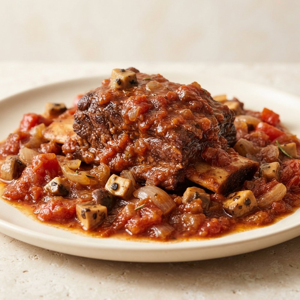 Braised Short Ribs with Porcini, Tomatoes, and Onions