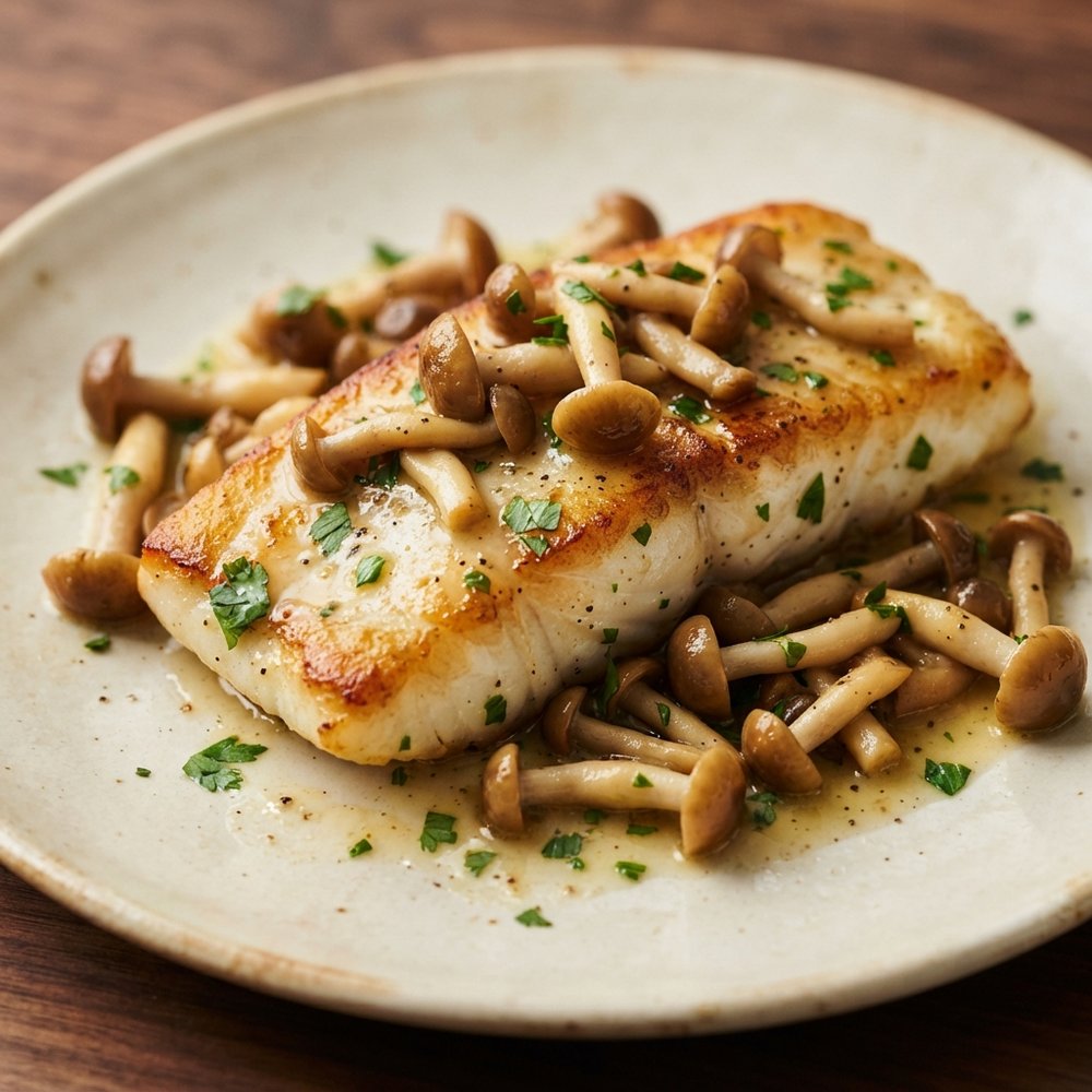 Seared Halibut with Clamshell Mushrooms and Lemon-Butter Pan Sauce