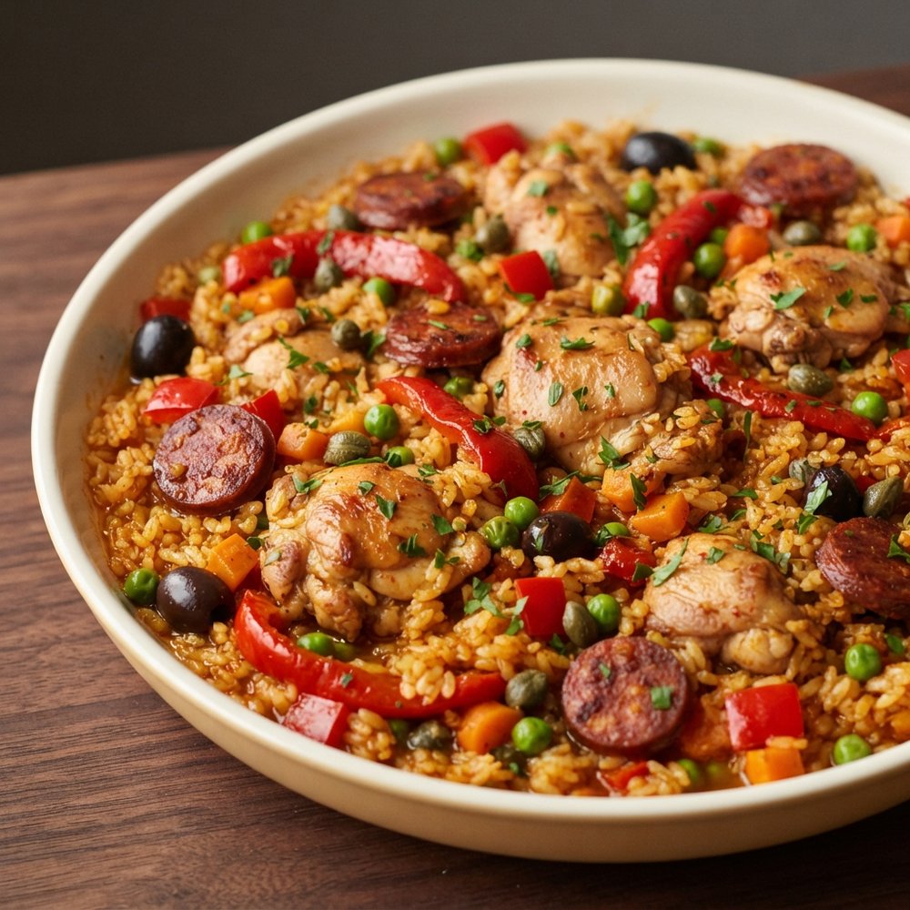 Brown Rice Paella with Chicken and Chorizo