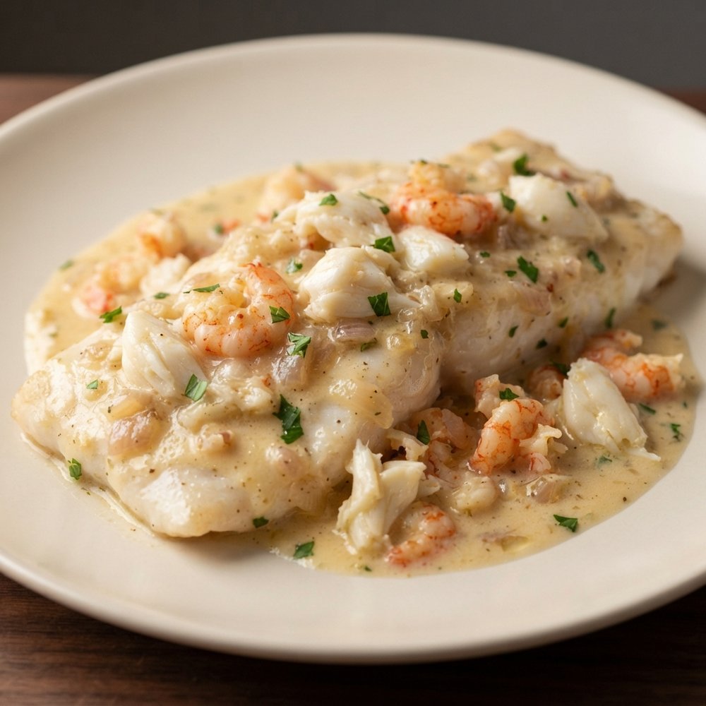 Carolyn's Sea Bass with Creamy Crawfish and Crab Sauce