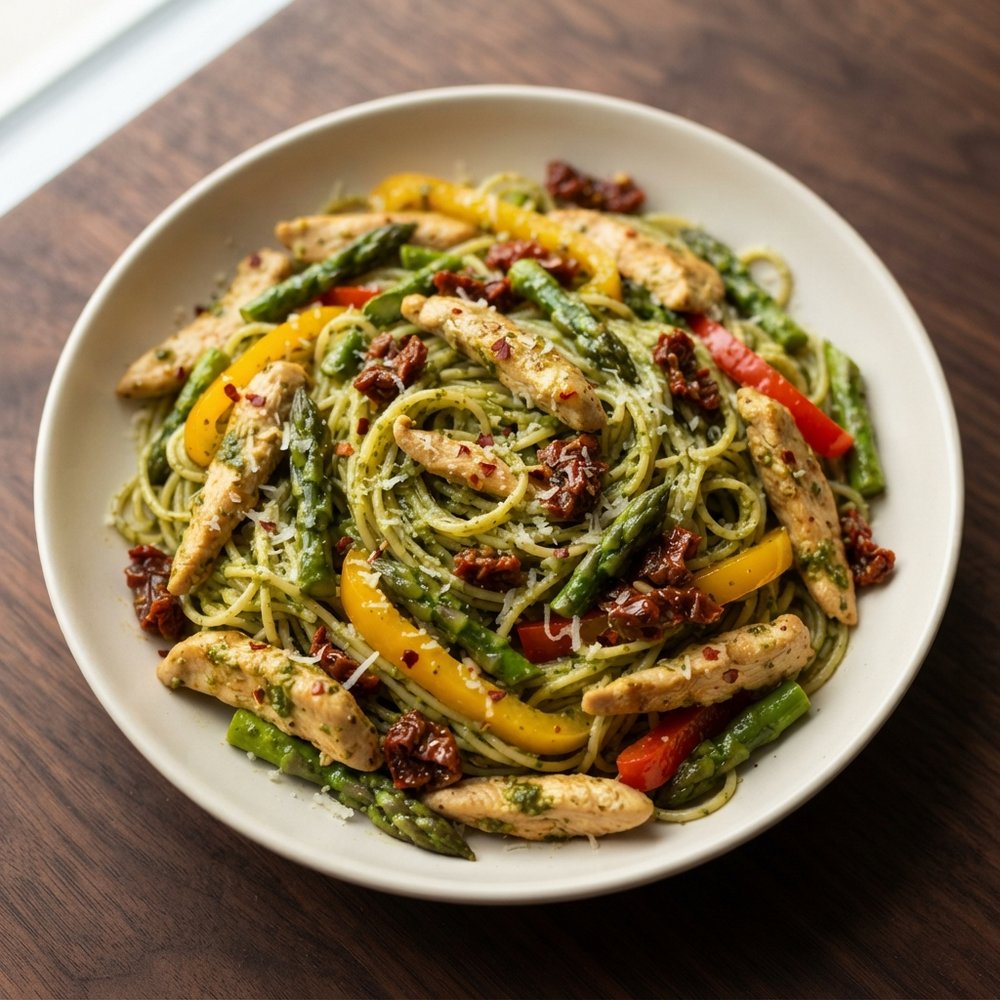 Vibrant Chicken Pesto Pasta with Asparagus, Sun‑Dried Tomatoes and Peppers