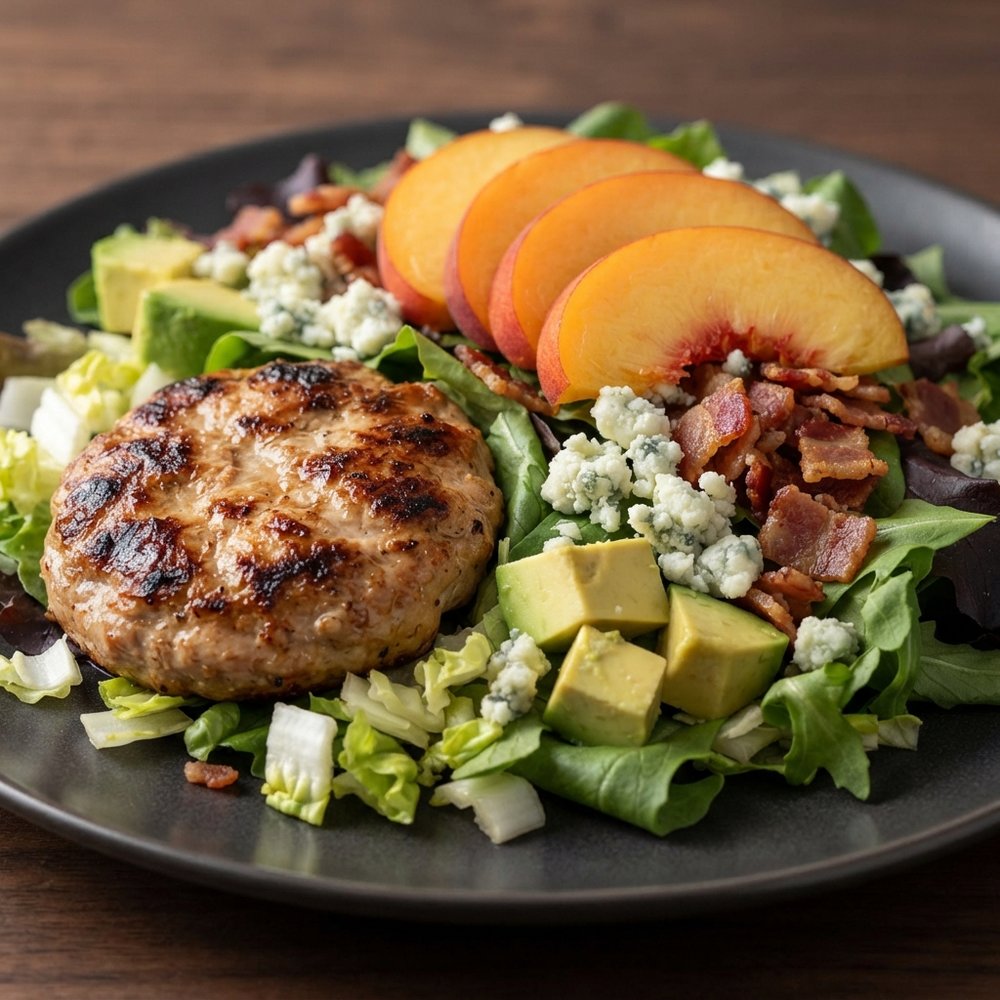 Peach-Turkey Burger Salad with Endive, Bacon, Avocado & Gorgonzola