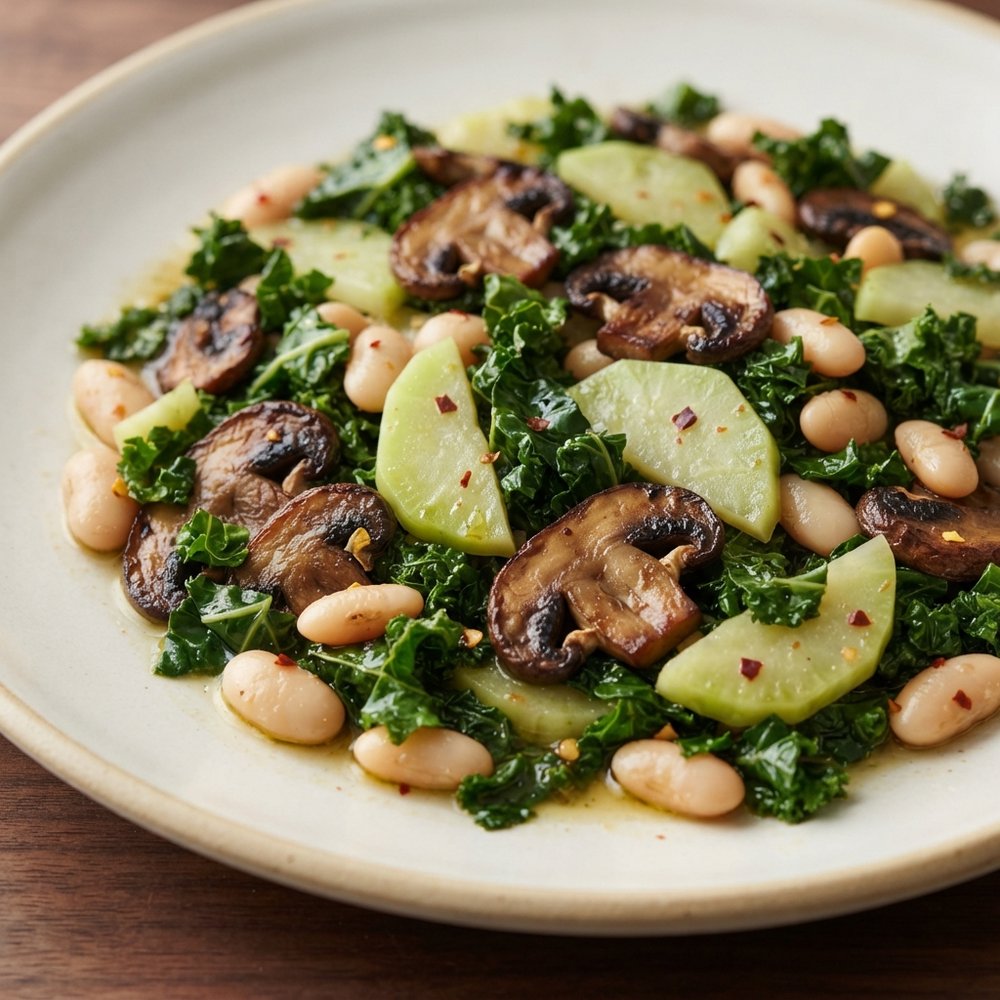 Sautéed Kohlrabi, Kale, Mushrooms, and Cannellini Beans