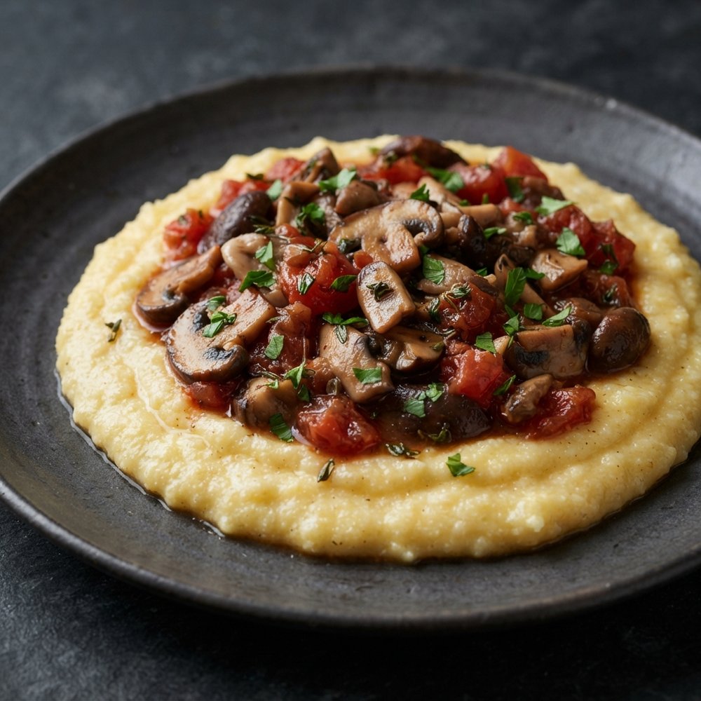 Hearty Mushroom and Tomato Stew over Polenta