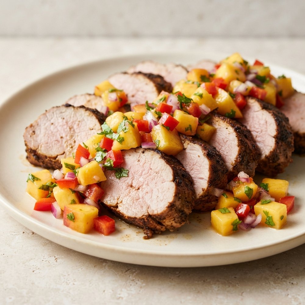 Caribbean Jerk Pork Tenderloin with Fresh Peach Salsa