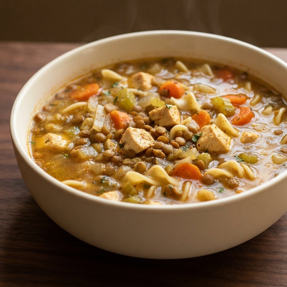 Pressure Cooker Lentil-Chicken Noodle Soup