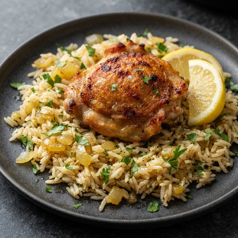 Skillet Crispy Chicken Thighs with One-Pot Rice