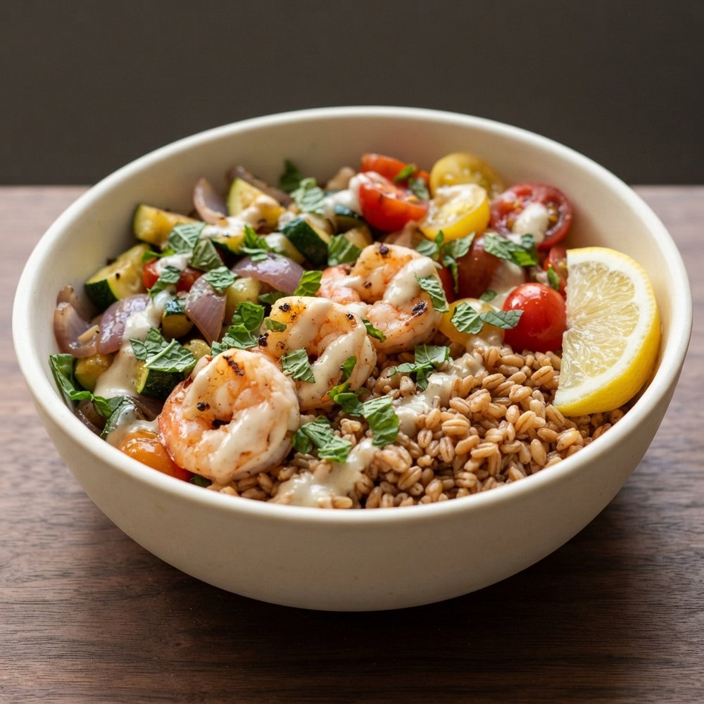 Mediterranean Shrimp and Farro Bowl