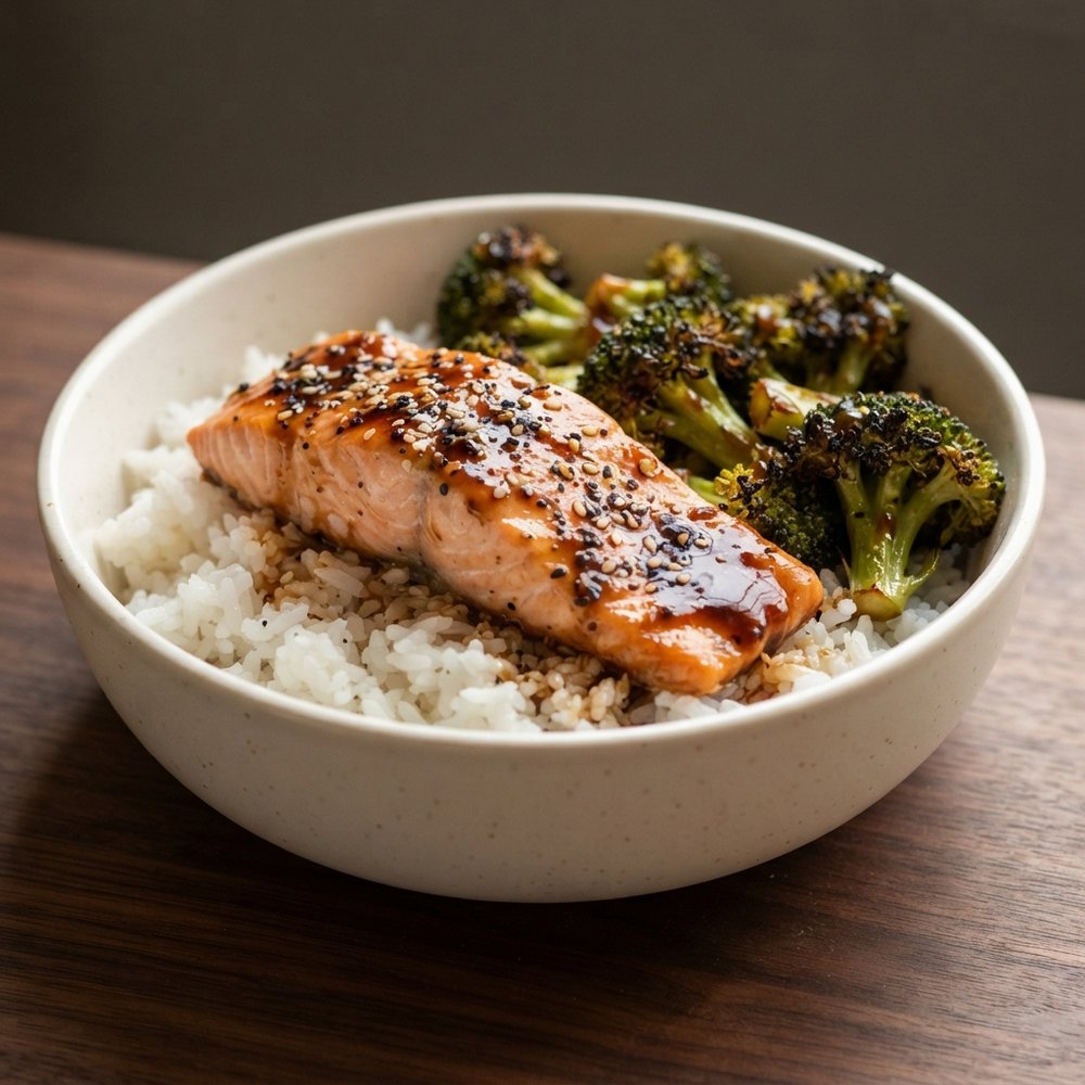 Bourbon-Teriyaki Salmon Bowl with Broccoli and Rice
