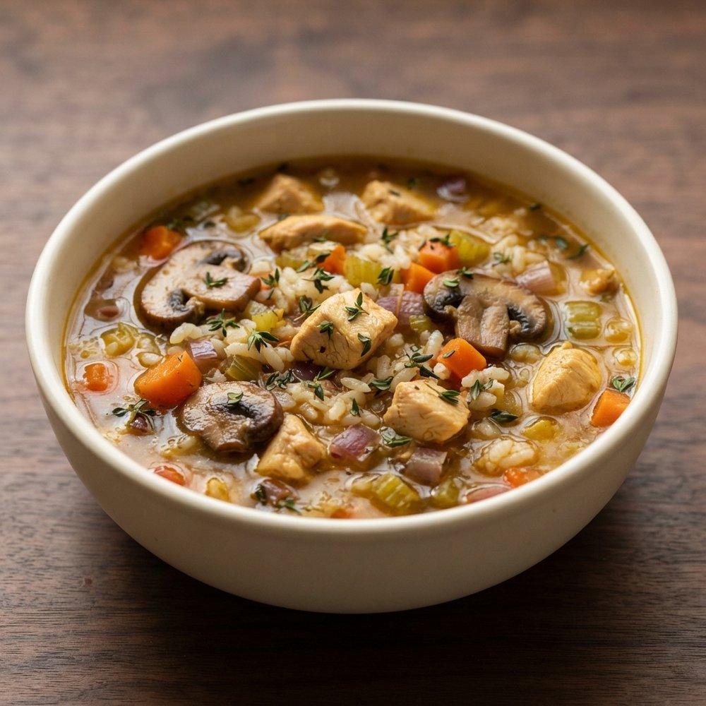 Hearty Chicken, Mushroom & Rice Soup