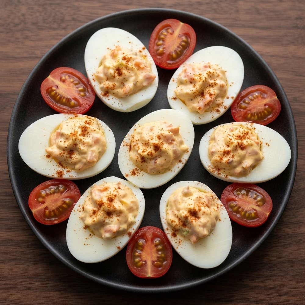 Deviled Eggs and Cherry Tomatoes with Smoked Salmon