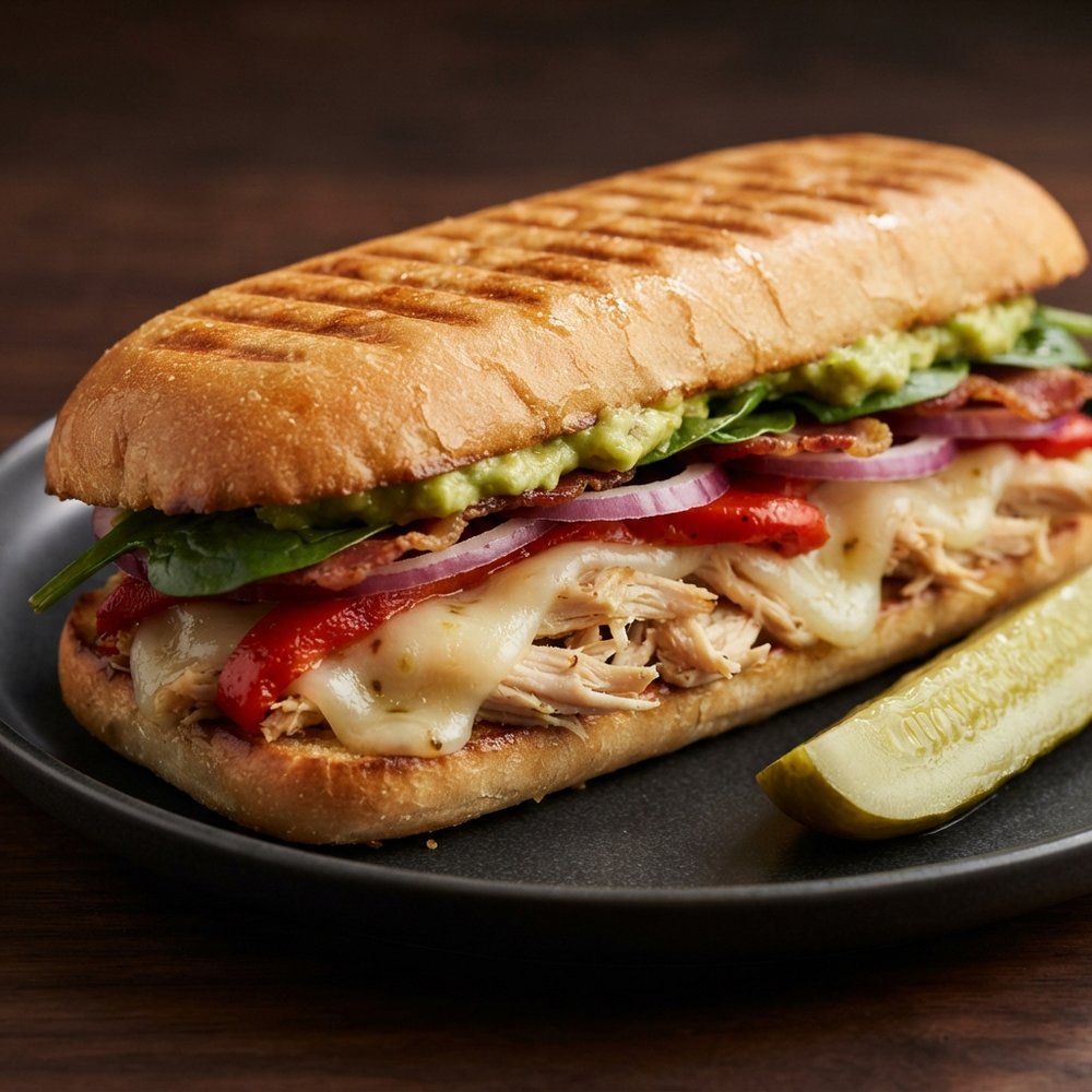 Chicken Panini with Roasted Red Pepper, Spinach, Bacon, and Guacamole