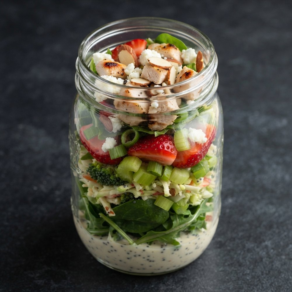 Mason Jar Salad with Grilled Chicken, Strawberries, and Poppyseed Dressing