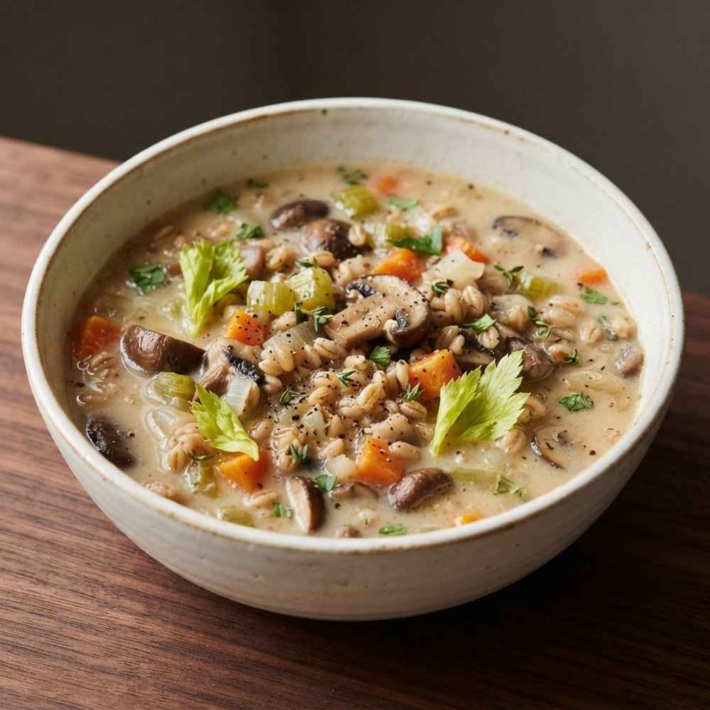 Plant-Based Creamy Mushroom Farro Soup