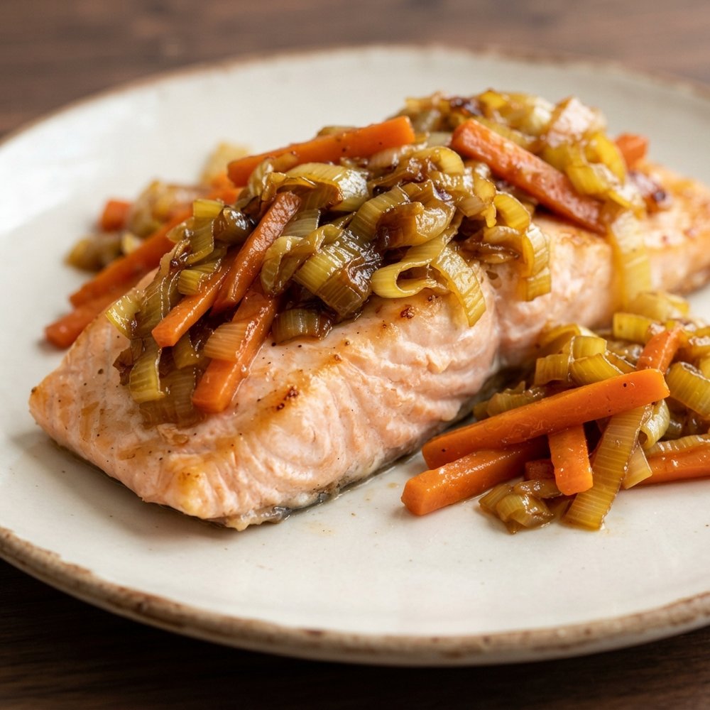 Roasted Salmon with Sweet Caramelized Leeks