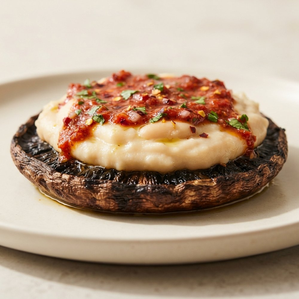Charred Portobello Caps with Creamy Cannellini Mash and Harissa-Style Pepper Sauce